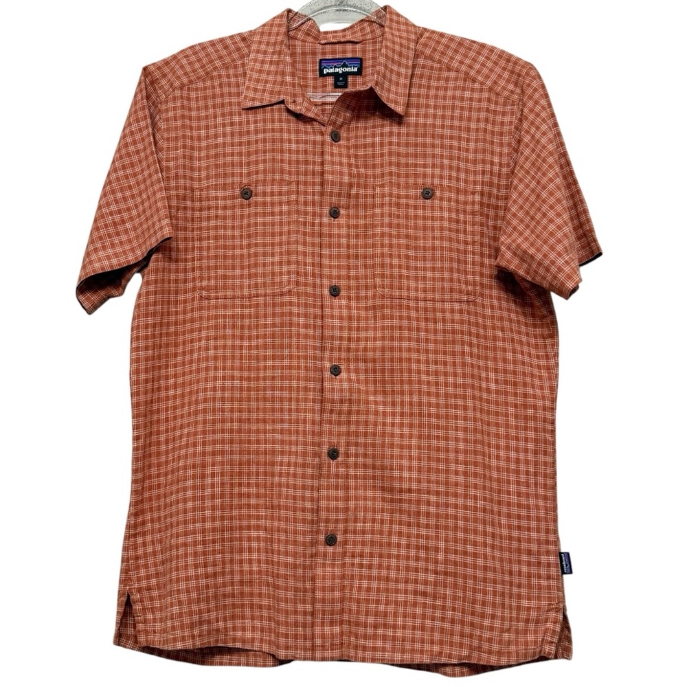 Patagonia Back Step Shirt Men's Orange Plaid Short Sleeve Button Up Size M.